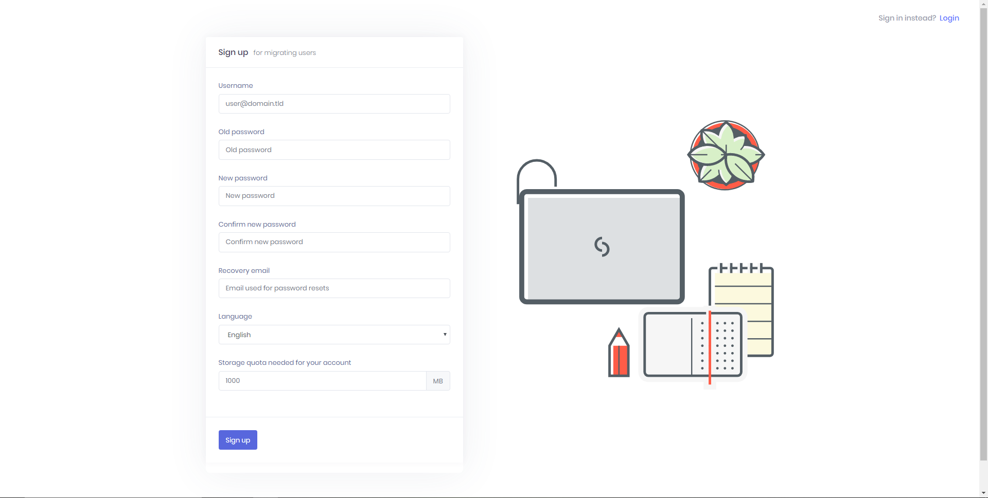 Mail Portal sign up page for migrating users